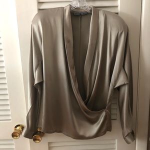 100% silk Ellen Tracy wrap blouse-pewter, size 8